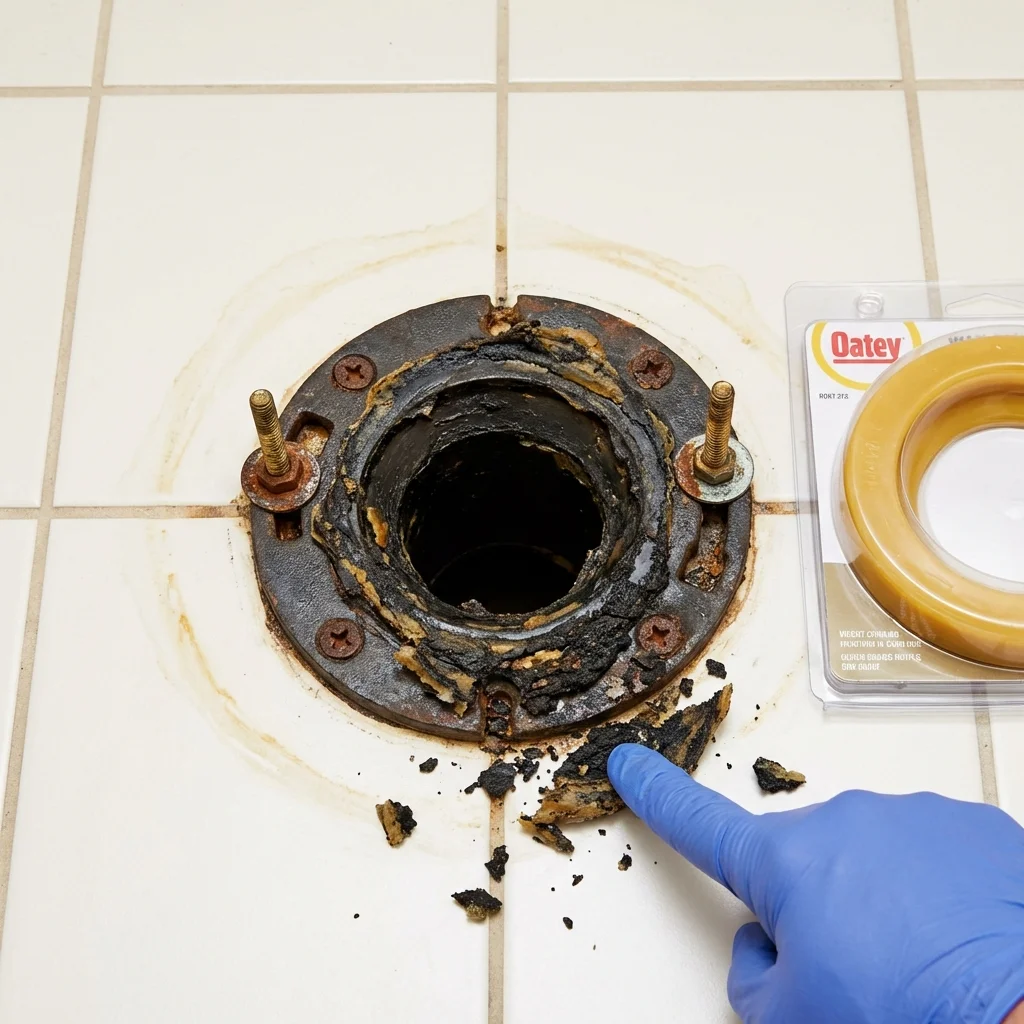 Failed wax ring showing water seepage at the base of a toilet in a Cairo, GA home